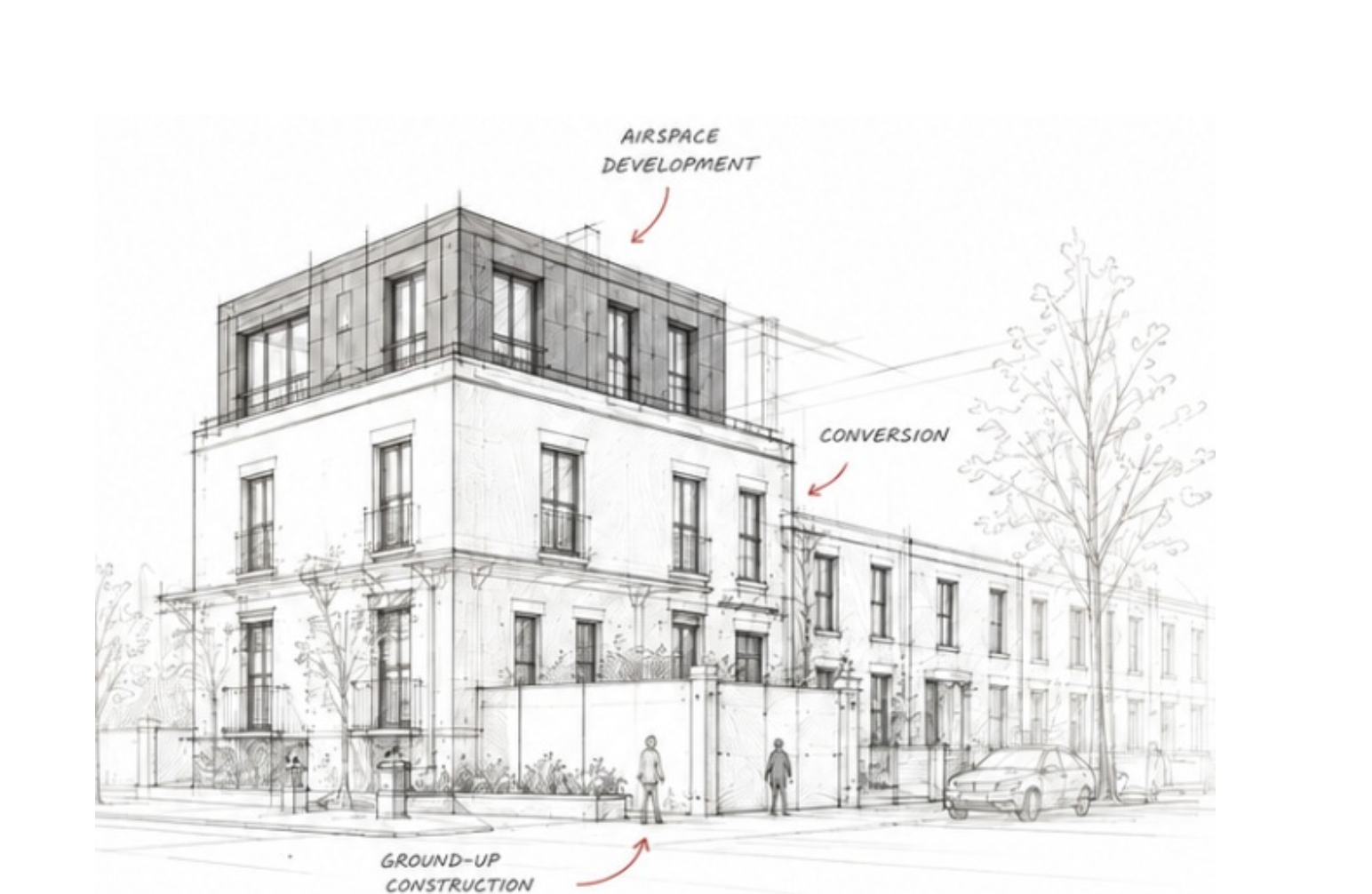 Architectural sketch illustrating airspace, conversion and ground-up development